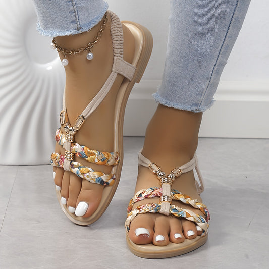 Women's Colorful Braided Sandals, Ankle Elastic Strap Soft Sole Flat Boho Shoes, Vacation Comfy Beach Shoes