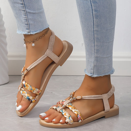 Women's Colorful Braided Sandals, Ankle Elastic Strap Soft Sole Flat Boho Shoes, Vacation Comfy Beach Shoes